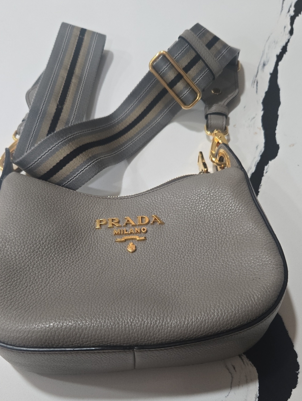 Prada Grey Pebbled Leather Crossbody with Striped Adjustable Strap
